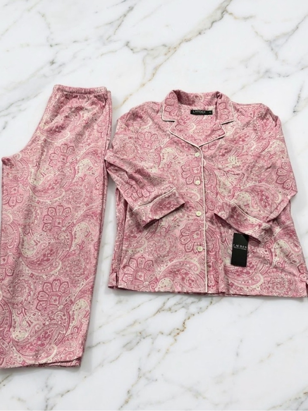 Lauren Ralph Lauren Paisley Print Knit Notch Collar 3/4 Sleeve Crop